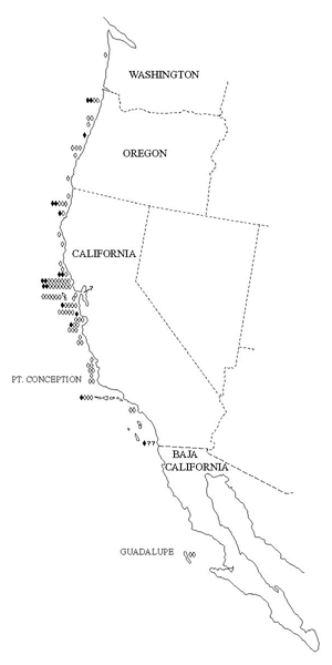 Locations of confirmed unprovoked attacks by white sharks in the eastern Pacific, 1926-2003. From McCosker and Lea, 1996.
