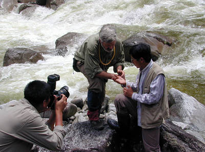 David Kavanaugh with Chinese colleague, looking for carrabid beetles on the banks of the Pula River in the Gaoligong Shan